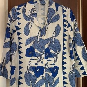 CONNIE ROBERSON LINEN FLORAL PRINT BUTTON blazer size S blue‎ white